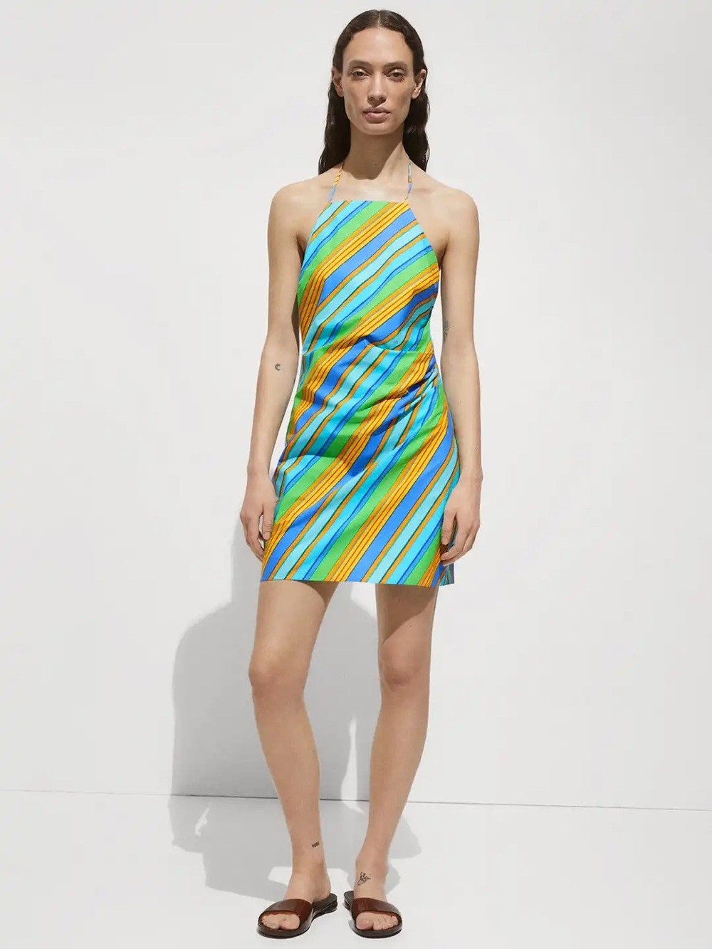 Mango Striped Halter Mini Dress in Turquoise and Yellow